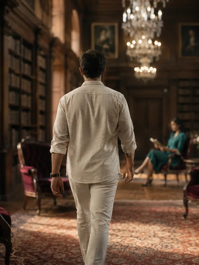 De dos et incognito, dans une bibliothèque de grande demeure
