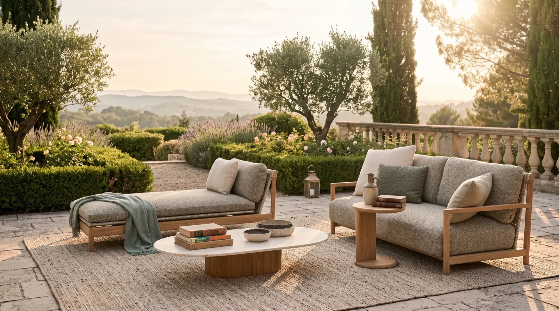 Terrasse d'une propriété au soir